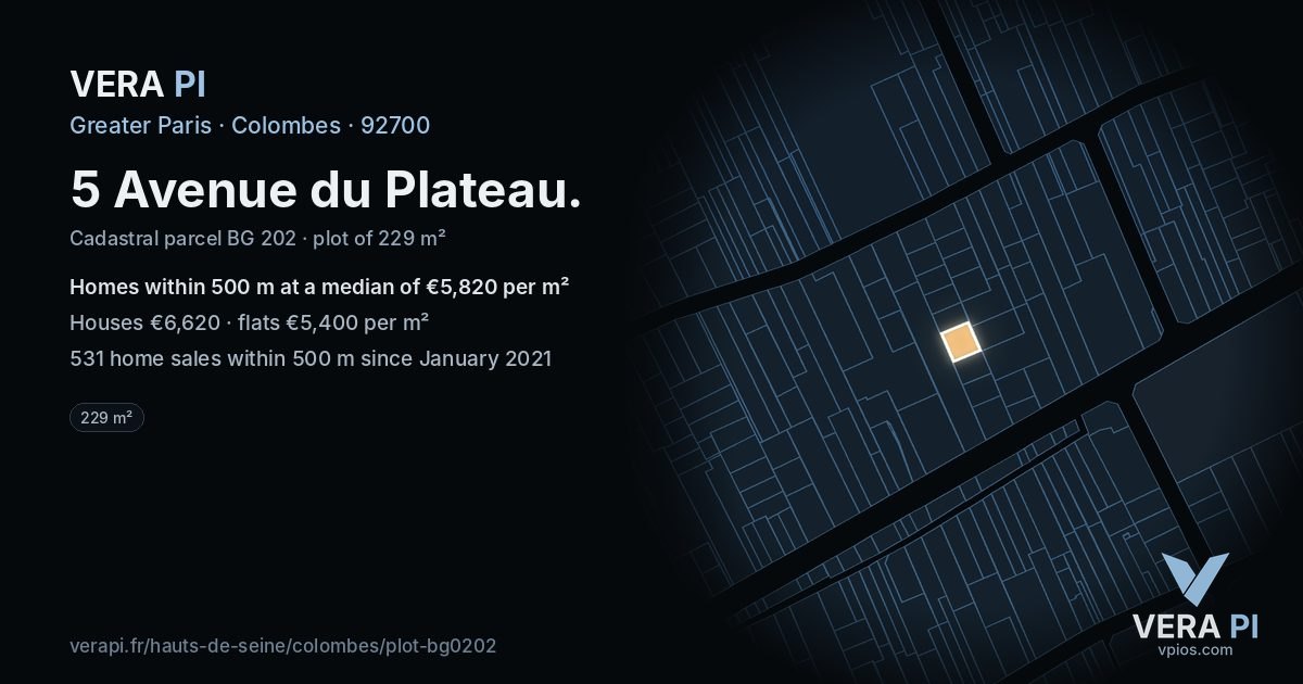 5 Avenue du Plateau, Colombes at night – the plot lit, the parcels around coloured by the prices near them