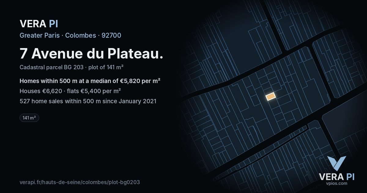 7 Avenue du Plateau, Colombes at night – the plot lit, the parcels around coloured by the prices near them