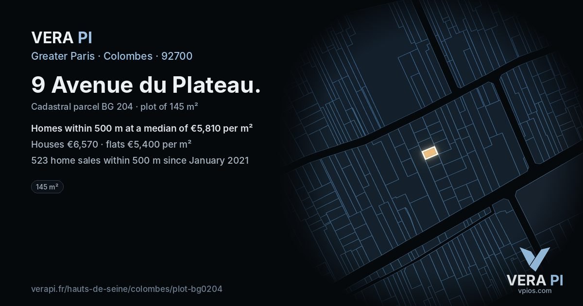 9 Avenue du Plateau, Colombes at night – the plot lit, the parcels around coloured by the prices near them
