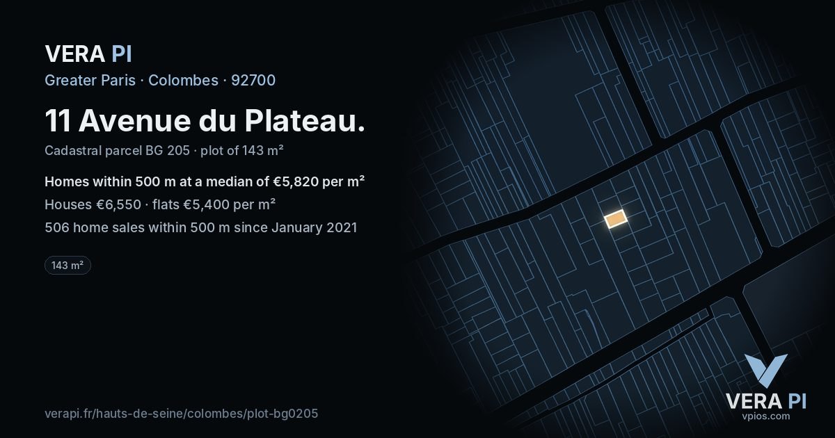 11 Avenue du Plateau, Colombes at night – the plot lit, the parcels around coloured by the prices near them
