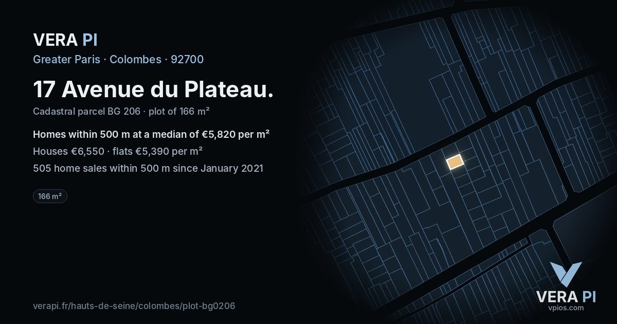 17 Avenue du Plateau, Colombes at night – the plot lit, the parcels around coloured by the prices near them