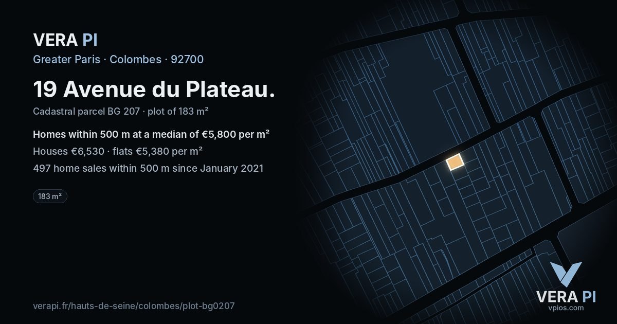 19 Avenue du Plateau, Colombes at night – the plot lit, the parcels around coloured by the prices near them