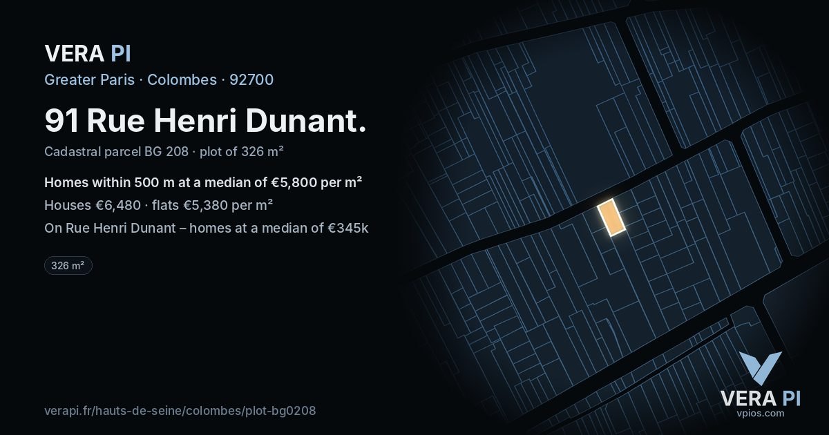 91 Rue Henri Dunant, Colombes at night – the plot lit, the parcels around coloured by the prices near them
