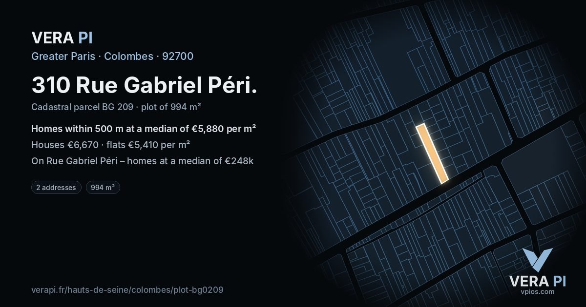 310 Rue Gabriel Péri, Colombes at night – the plot lit, the parcels around coloured by the prices near them