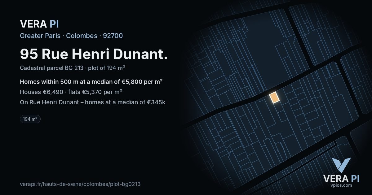 95 Rue Henri Dunant, Colombes at night – the plot lit, the parcels around coloured by the prices near them