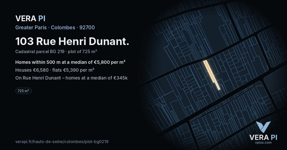 103 Rue Henri Dunant, Colombes at night – the plot lit, the parcels around coloured by the prices near them