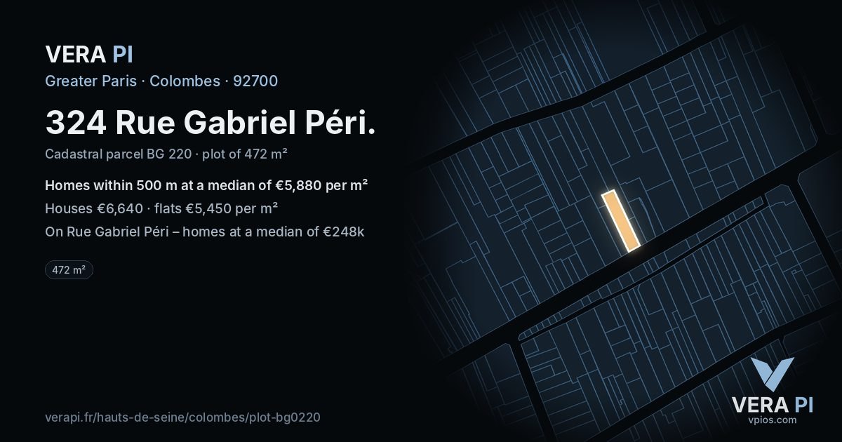 324 Rue Gabriel Péri, Colombes at night – the plot lit, the parcels around coloured by the prices near them