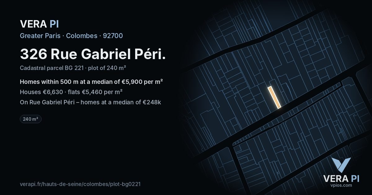 326 Rue Gabriel Péri, Colombes at night – the plot lit, the parcels around coloured by the prices near them