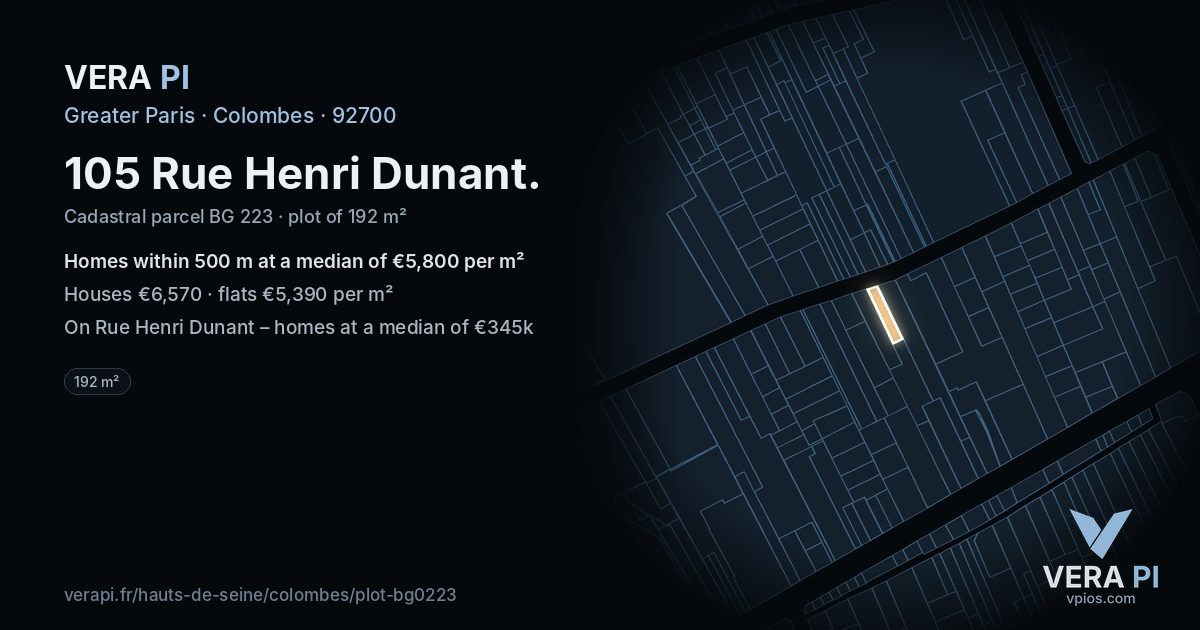 105 Rue Henri Dunant, Colombes at night – the plot lit, the parcels around coloured by the prices near them
