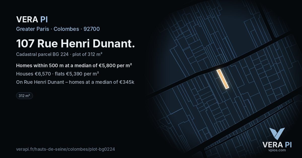107 Rue Henri Dunant, Colombes at night – the plot lit, the parcels around coloured by the prices near them