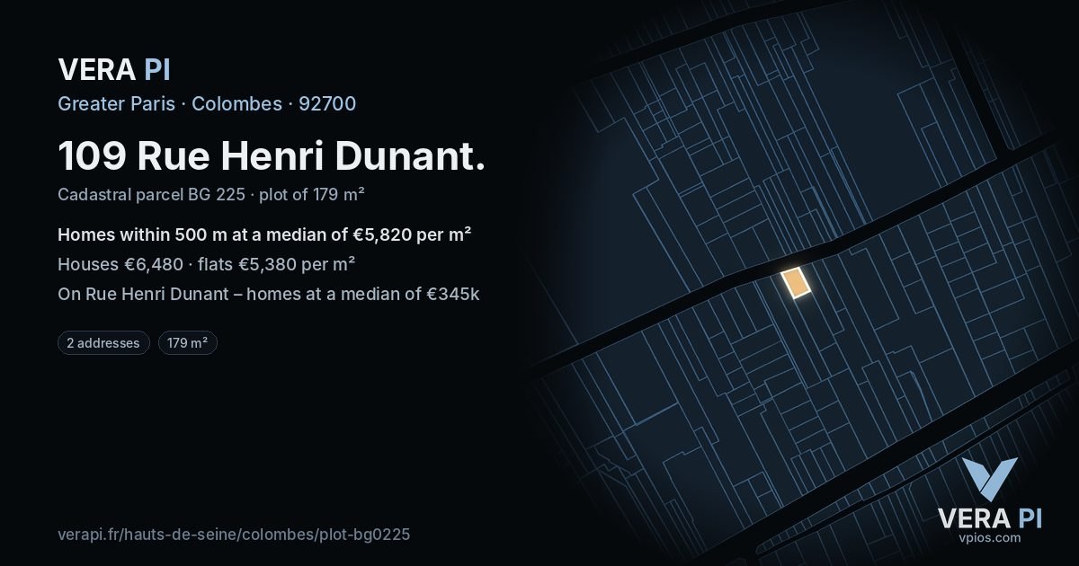 109 Rue Henri Dunant, Colombes at night – the plot lit, the parcels around coloured by the prices near them