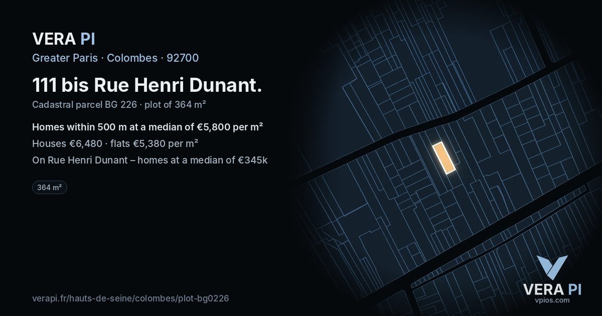 111 bis Rue Henri Dunant, Colombes at night – the plot lit, the parcels around coloured by the prices near them