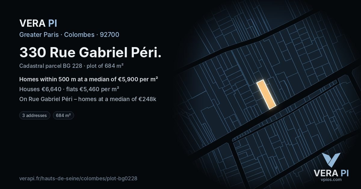 330 Rue Gabriel Péri, Colombes at night – the plot lit, the parcels around coloured by the prices near them