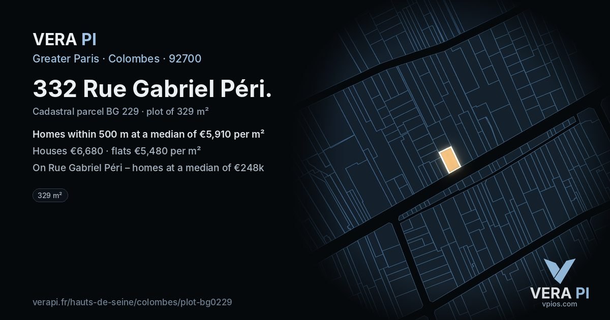 332 Rue Gabriel Péri, Colombes at night – the plot lit, the parcels around coloured by the prices near them