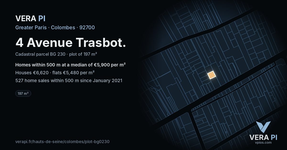 4 Avenue Trasbot, Colombes at night – the plot lit, the parcels around coloured by the prices near them