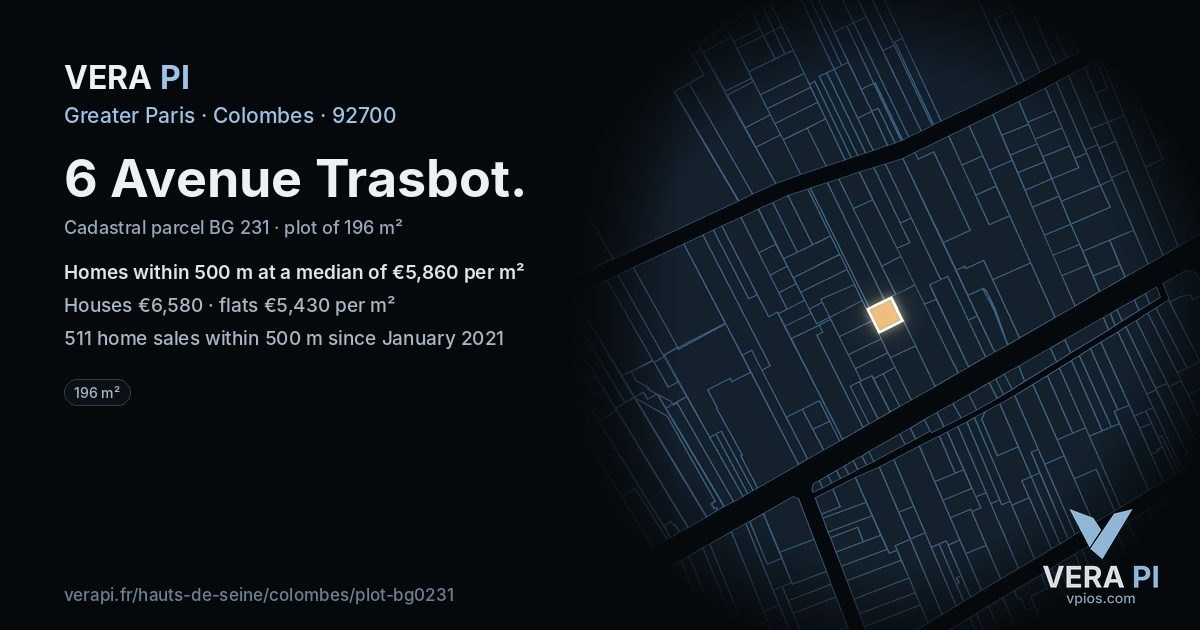 6 Avenue Trasbot, Colombes at night – the plot lit, the parcels around coloured by the prices near them