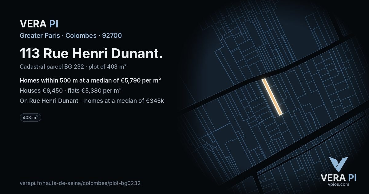 113 Rue Henri Dunant, Colombes at night – the plot lit, the parcels around coloured by the prices near them