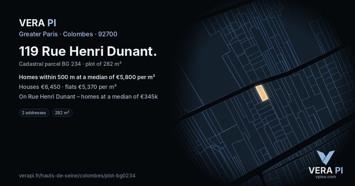 119 Rue Henri Dunant, Colombes at night – the plot lit, the parcels around coloured by the prices near them