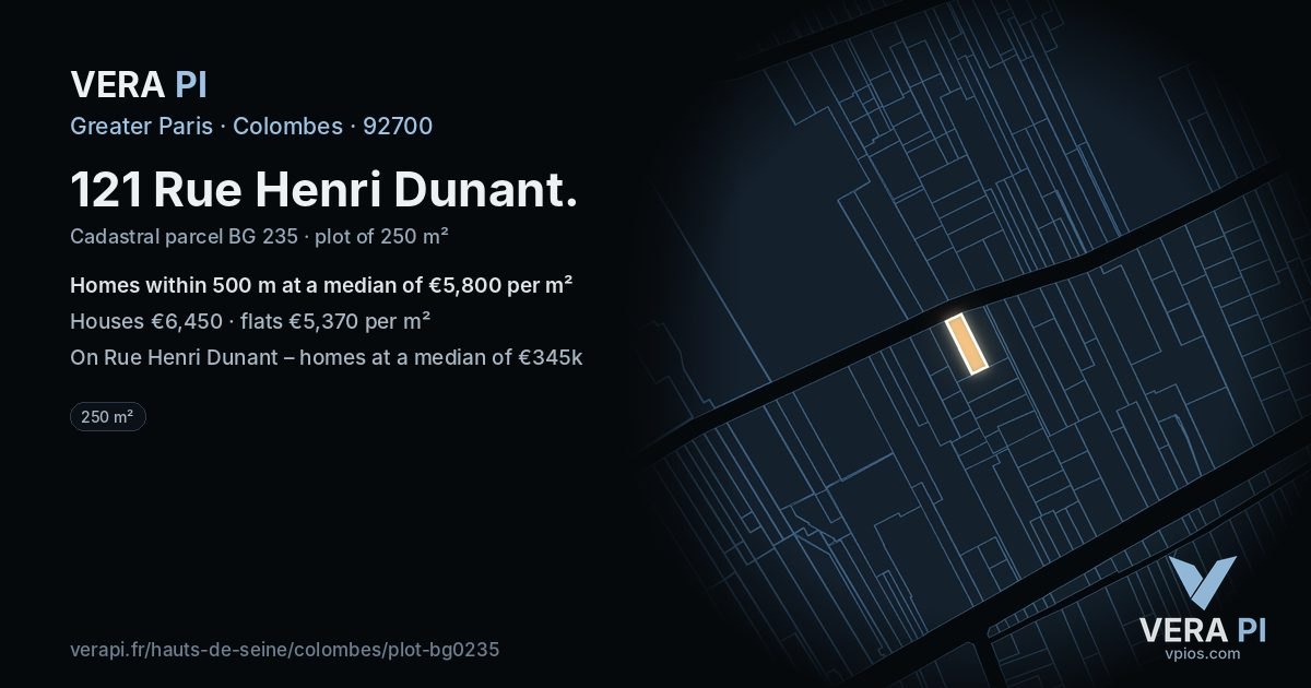121 Rue Henri Dunant, Colombes at night – the plot lit, the parcels around coloured by the prices near them