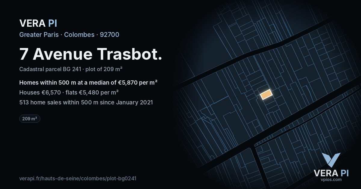 7 Avenue Trasbot, Colombes at night – the plot lit, the parcels around coloured by the prices near them