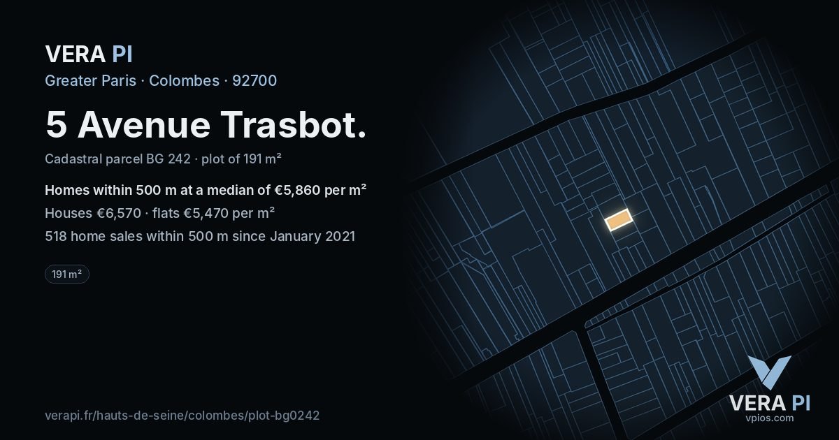 5 Avenue Trasbot, Colombes at night – the plot lit, the parcels around coloured by the prices near them
