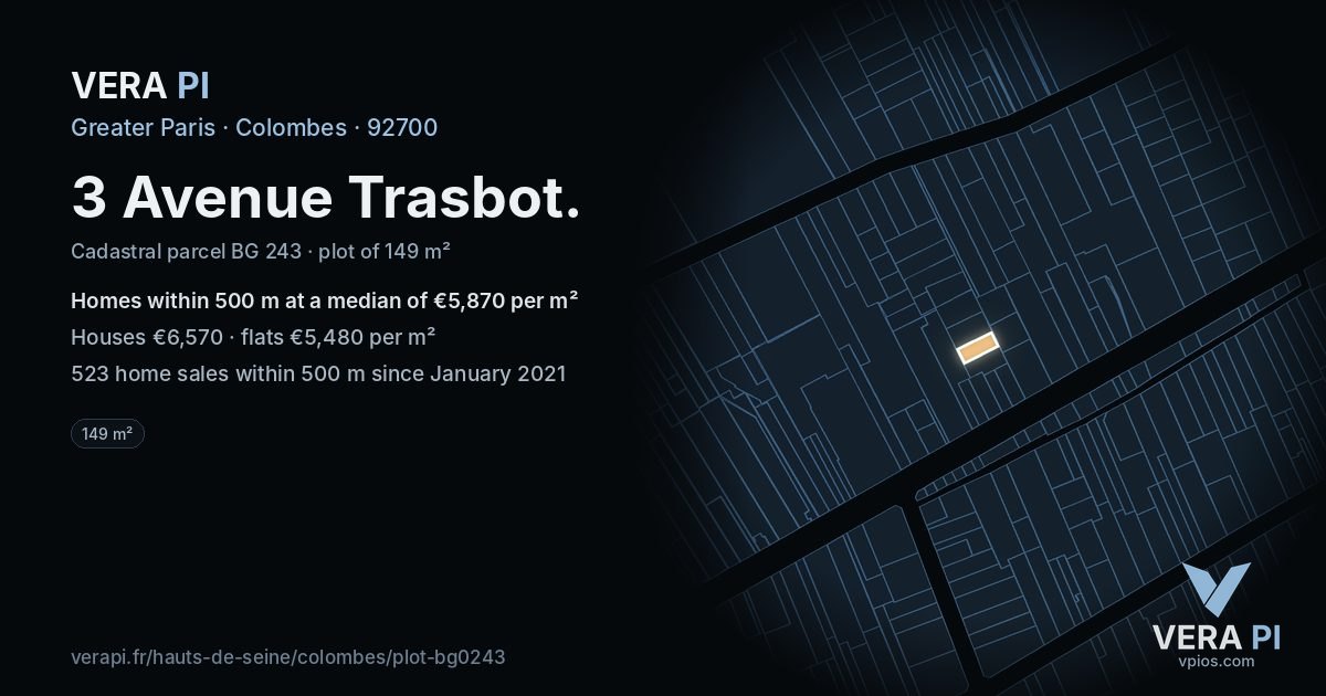 3 Avenue Trasbot, Colombes at night – the plot lit, the parcels around coloured by the prices near them