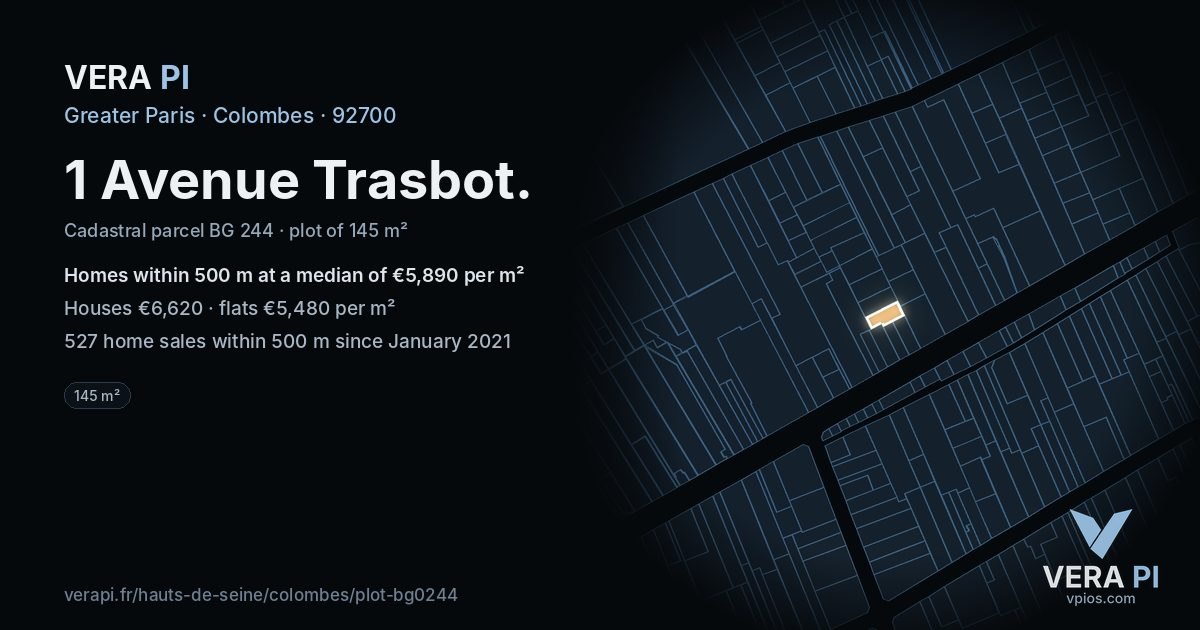 1 Avenue Trasbot, Colombes at night – the plot lit, the parcels around coloured by the prices near them