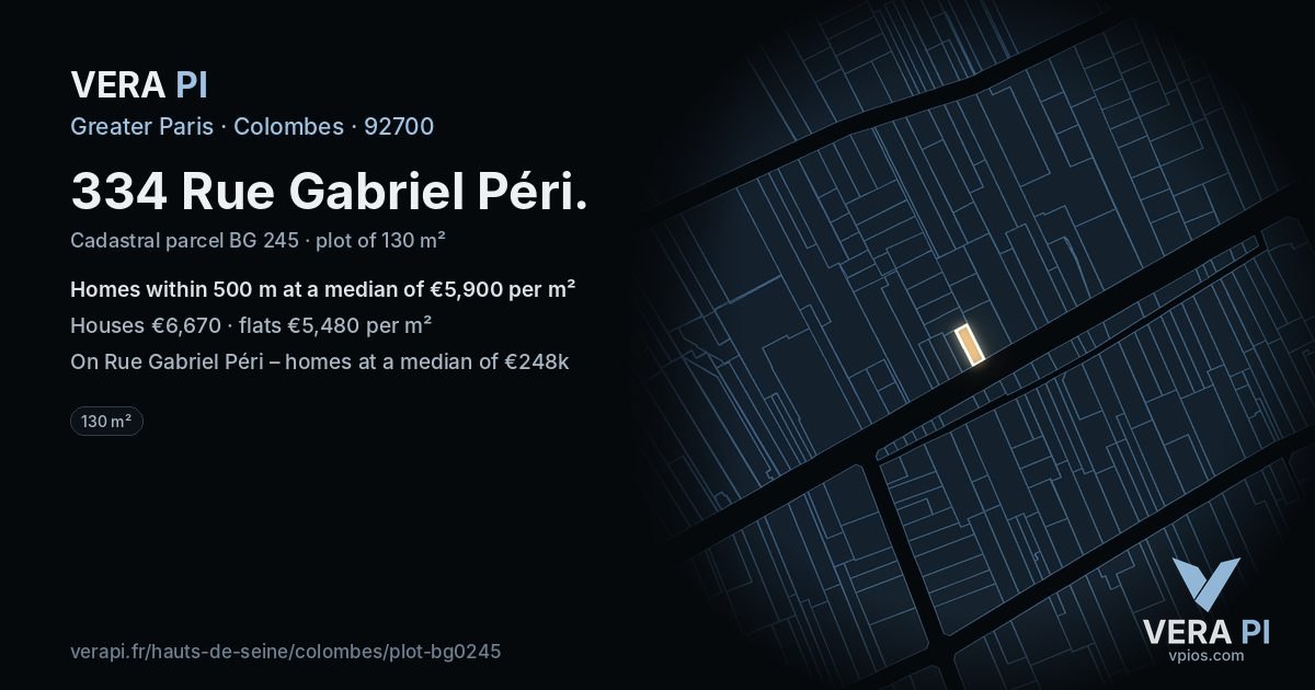 334 Rue Gabriel Péri, Colombes at night – the plot lit, the parcels around coloured by the prices near them