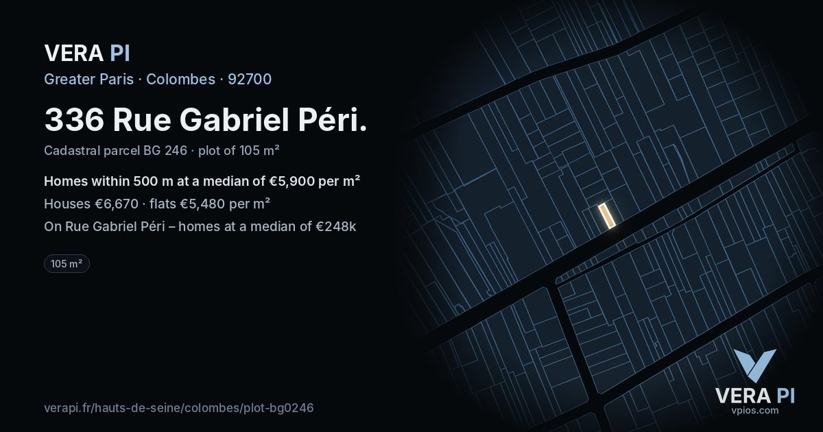 336 Rue Gabriel Péri, Colombes at night – the plot lit, the parcels around coloured by the prices near them