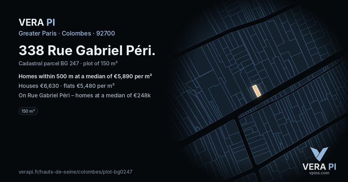 338 Rue Gabriel Péri, Colombes at night – the plot lit, the parcels around coloured by the prices near them
