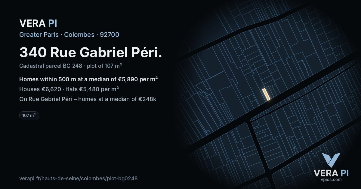 340 Rue Gabriel Péri, Colombes at night – the plot lit, the parcels around coloured by the prices near them