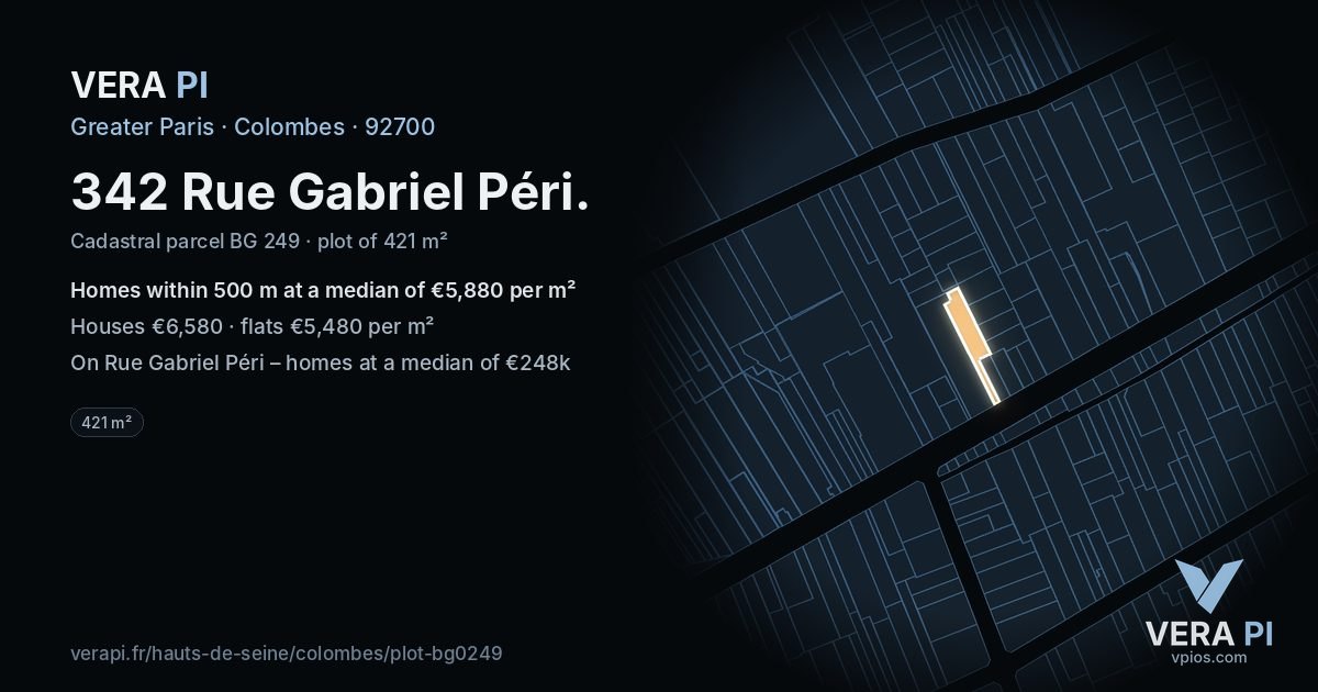 342 Rue Gabriel Péri, Colombes at night – the plot lit, the parcels around coloured by the prices near them