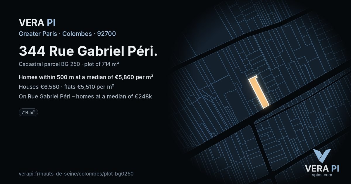 344 Rue Gabriel Péri, Colombes at night – the plot lit, the parcels around coloured by the prices near them