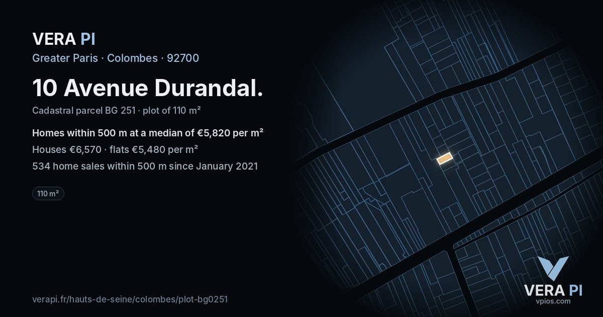 10 Avenue Durandal, Colombes at night – the plot lit, the parcels around coloured by the prices near them
