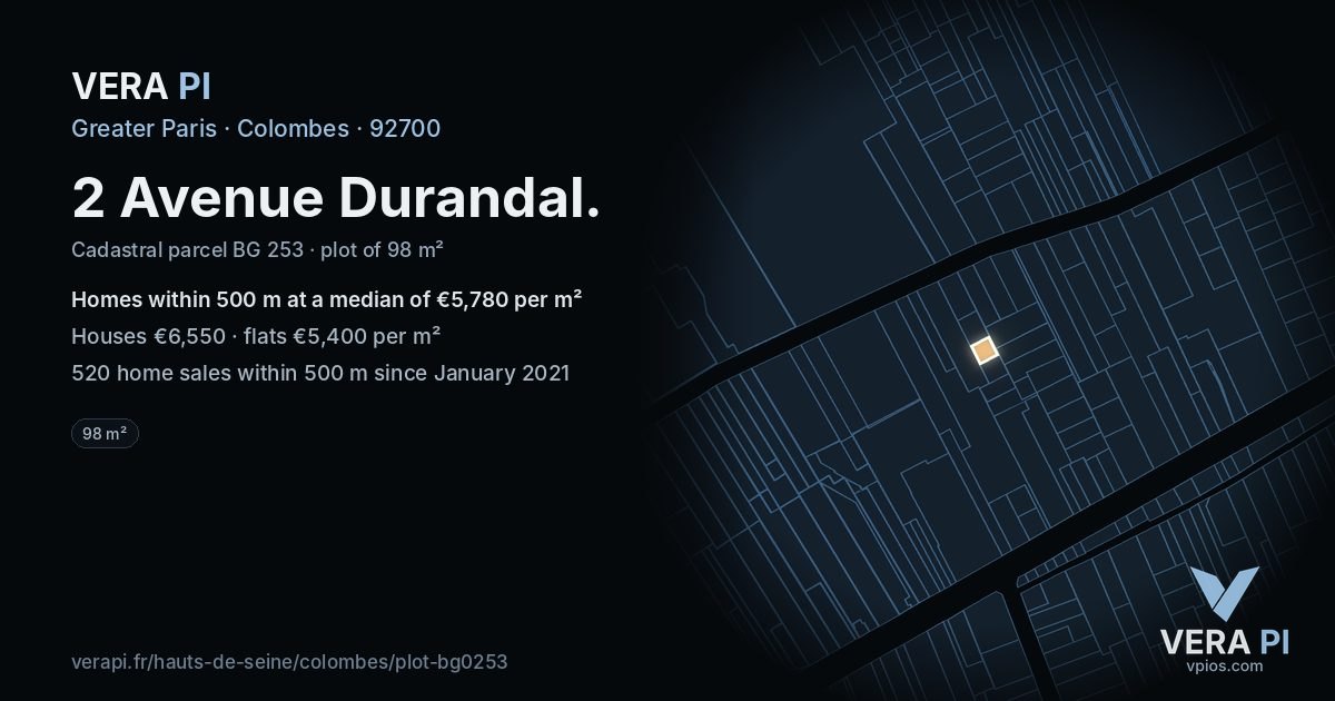 2 Avenue Durandal, Colombes at night – the plot lit, the parcels around coloured by the prices near them