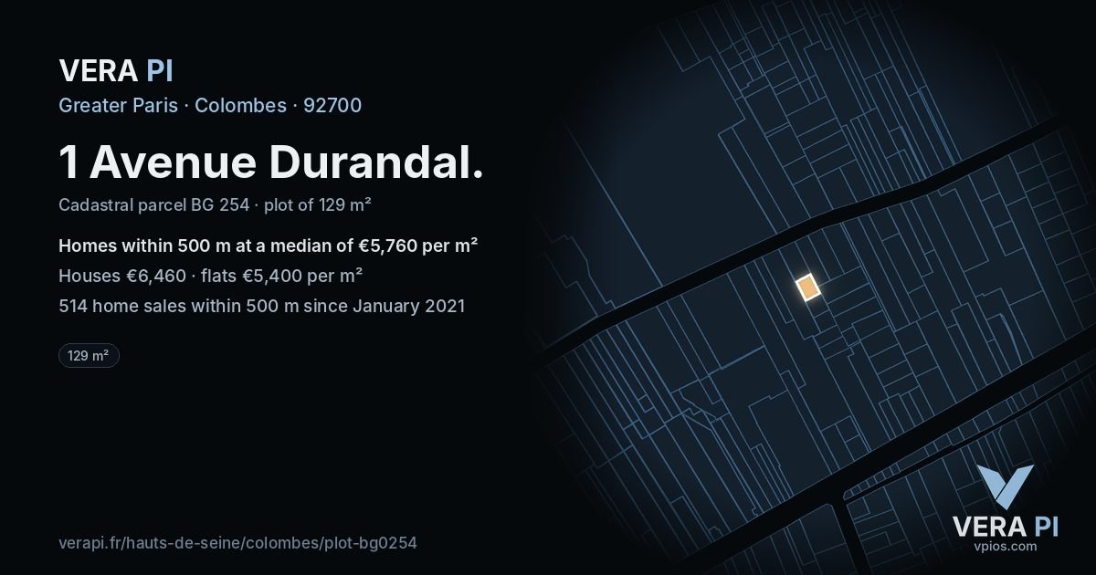 1 Avenue Durandal, Colombes at night – the plot lit, the parcels around coloured by the prices near them