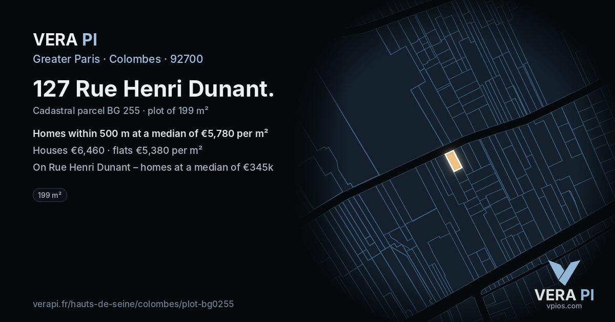 127 Rue Henri Dunant, Colombes at night – the plot lit, the parcels around coloured by the prices near them