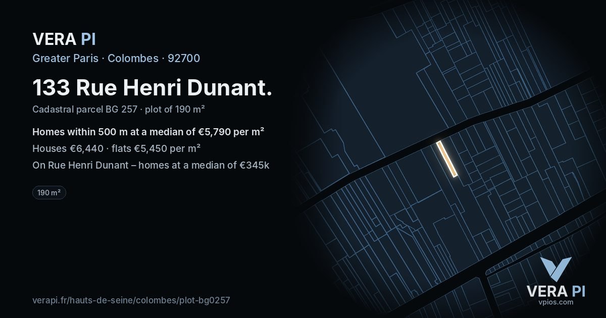133 Rue Henri Dunant, Colombes at night – the plot lit, the parcels around coloured by the prices near them