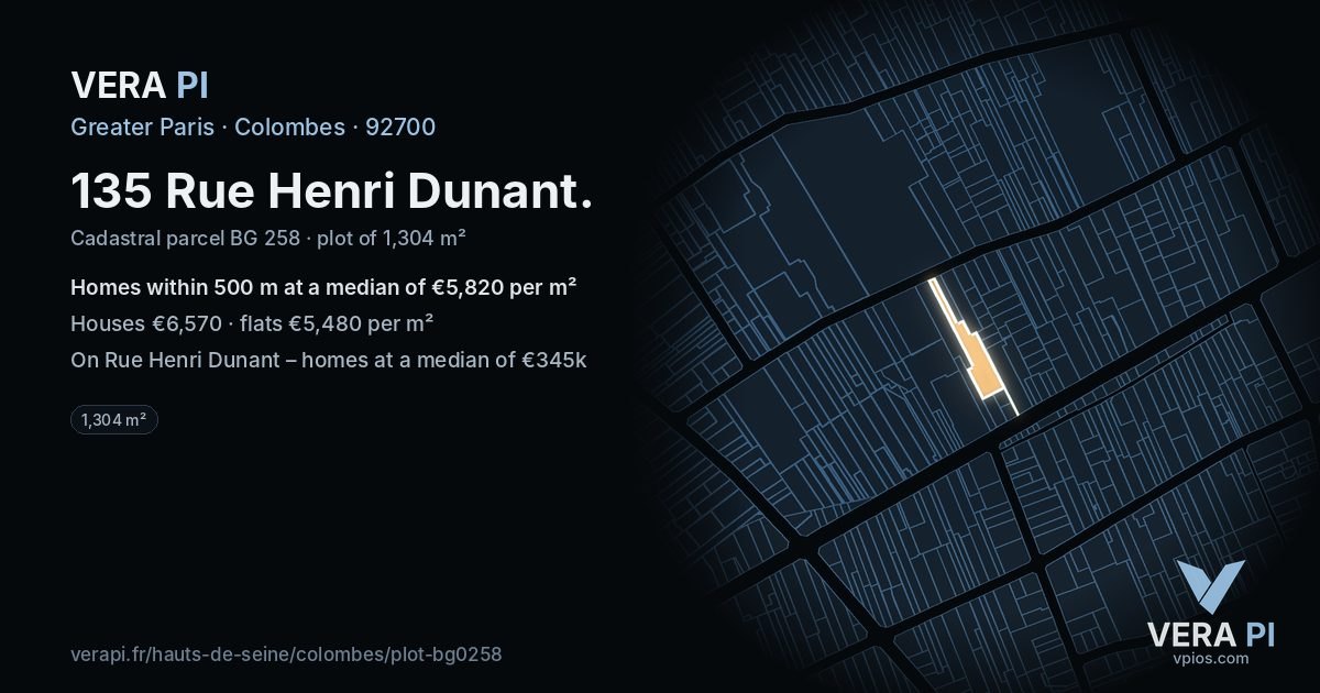 135 Rue Henri Dunant, Colombes at night – the plot lit, the parcels around coloured by the prices near them