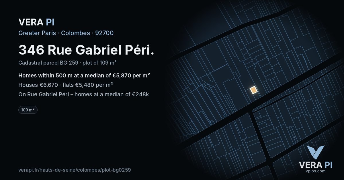 346 Rue Gabriel Péri, Colombes at night – the plot lit, the parcels around coloured by the prices near them