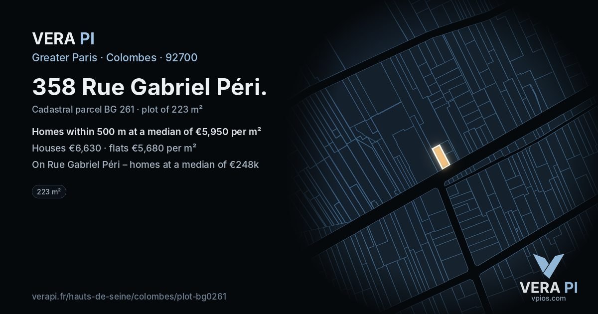 358 Rue Gabriel Péri, Colombes at night – the plot lit, the parcels around coloured by the prices near them