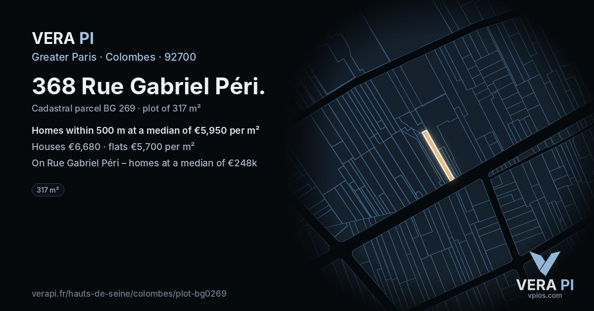368 Rue Gabriel Péri, Colombes at night – the plot lit, the parcels around coloured by the prices near them