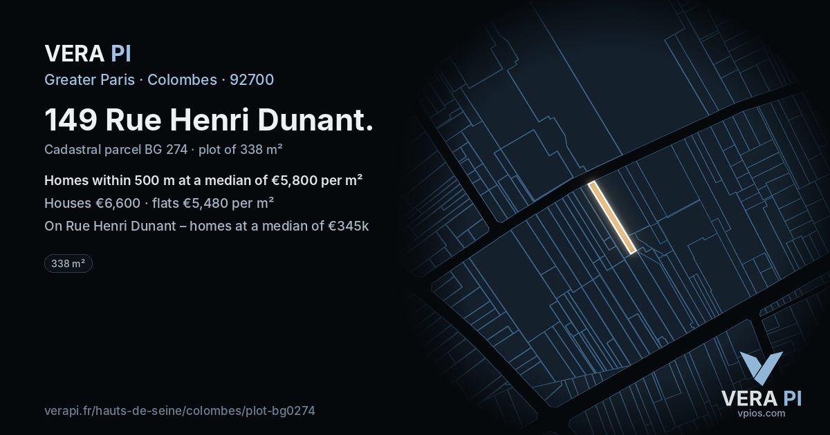 149 Rue Henri Dunant, Colombes at night – the plot lit, the parcels around coloured by the prices near them