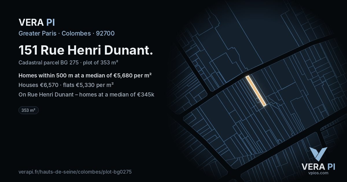 151 Rue Henri Dunant, Colombes at night – the plot lit, the parcels around coloured by the prices near them