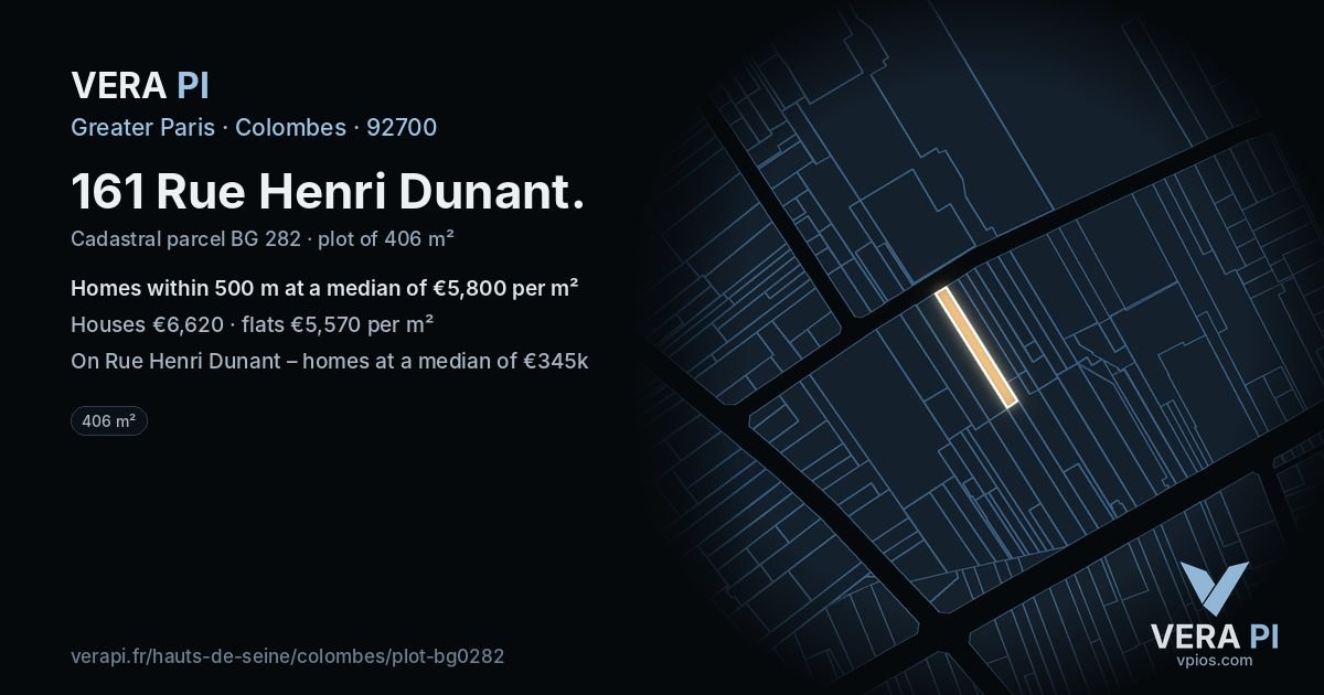 161 Rue Henri Dunant, Colombes at night – the plot lit, the parcels around coloured by the prices near them