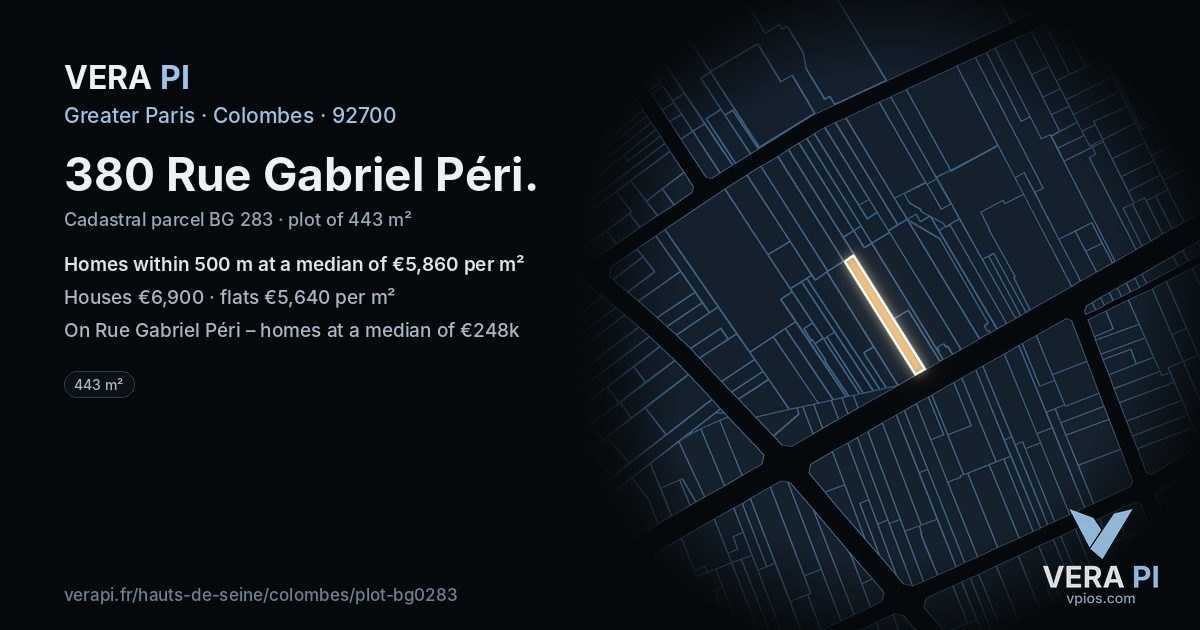 380 Rue Gabriel Péri, Colombes at night – the plot lit, the parcels around coloured by the prices near them