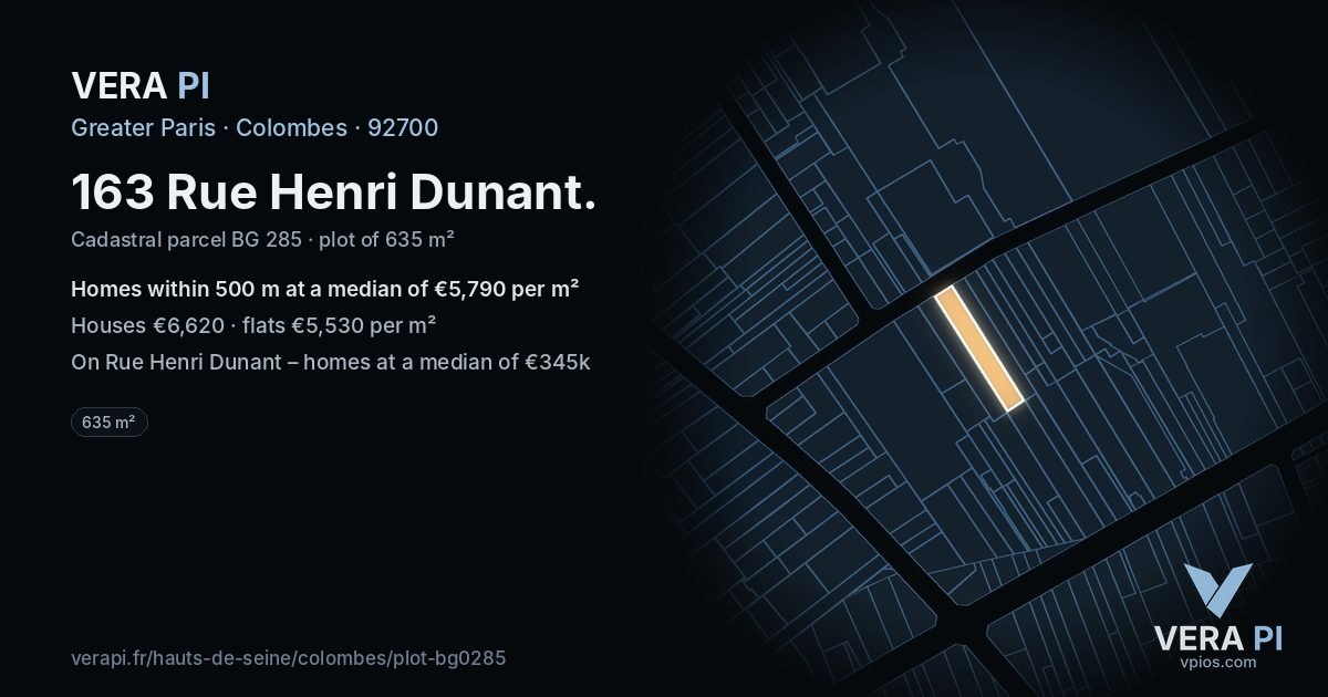 163 Rue Henri Dunant, Colombes at night – the plot lit, the parcels around coloured by the prices near them