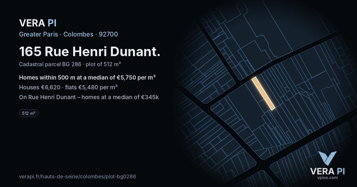 165 Rue Henri Dunant, Colombes at night – the plot lit, the parcels around coloured by the prices near them
