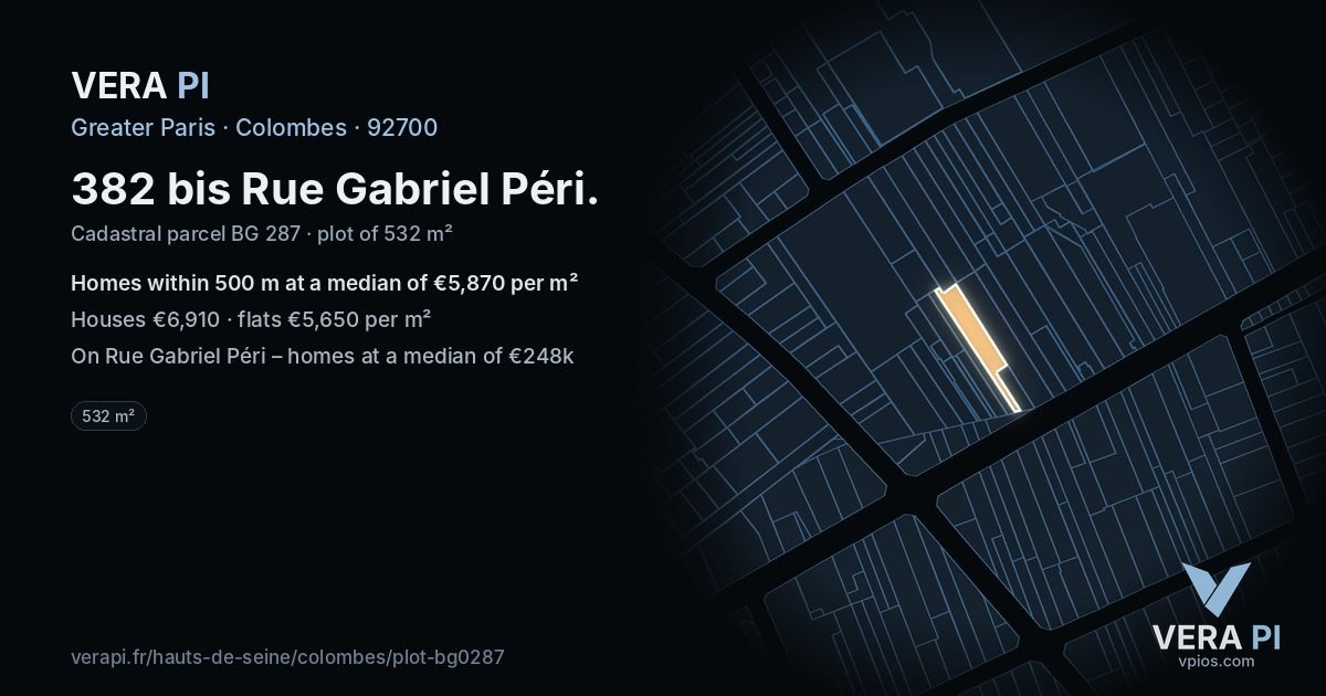 382 bis Rue Gabriel Péri, Colombes at night – the plot lit, the parcels around coloured by the prices near them