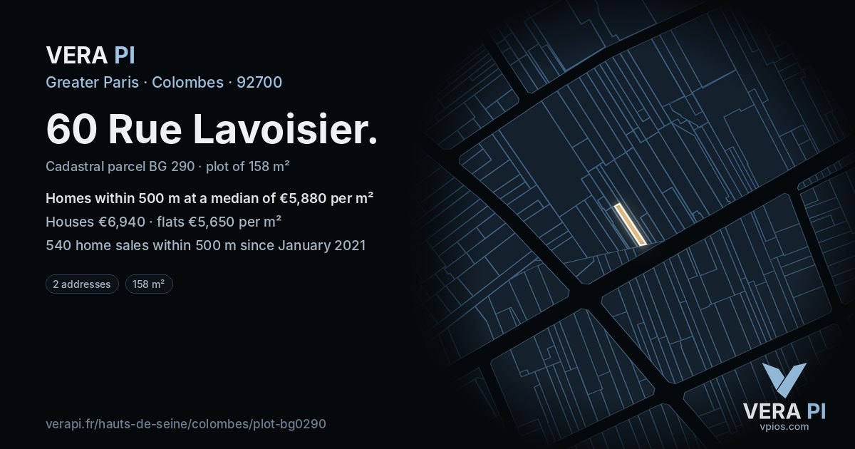 60 Rue Lavoisier, Colombes at night – the plot lit, the parcels around coloured by the prices near them